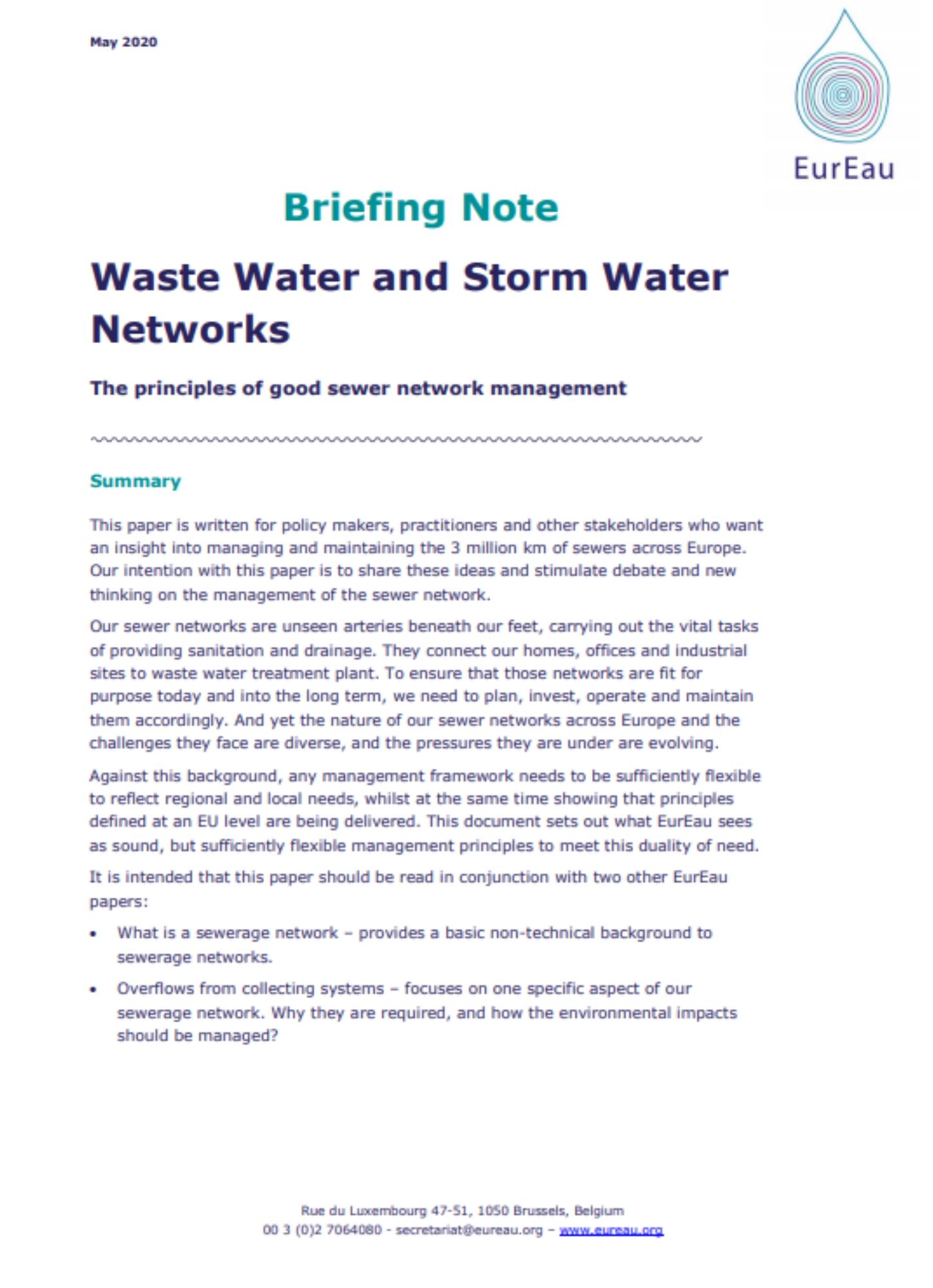 Briefing note on the management of the waste water and storm water networks