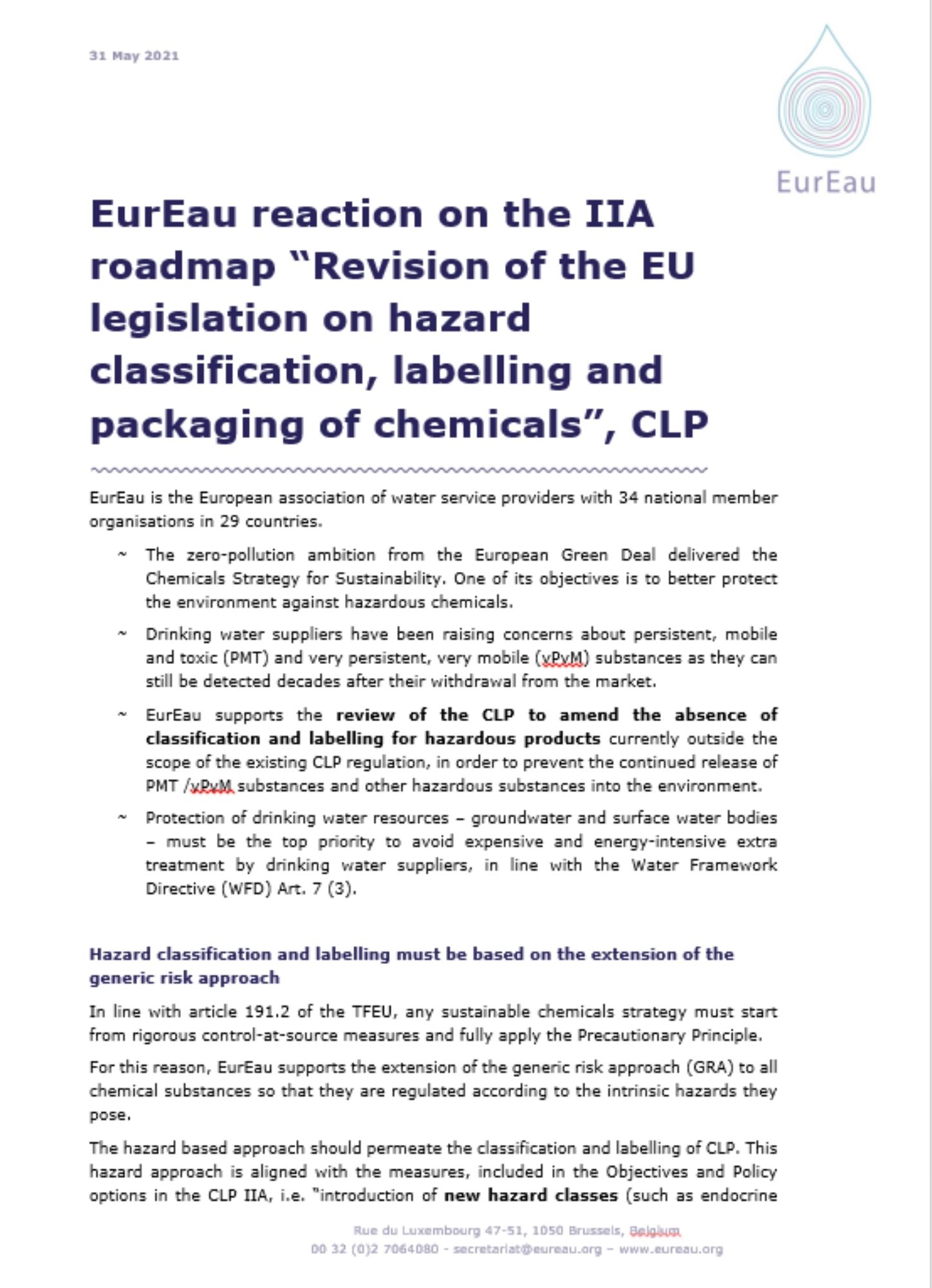 EurEau feedback on the roadmap for the revision of the Classification, Labelling and Packaging (CLP) Regulation