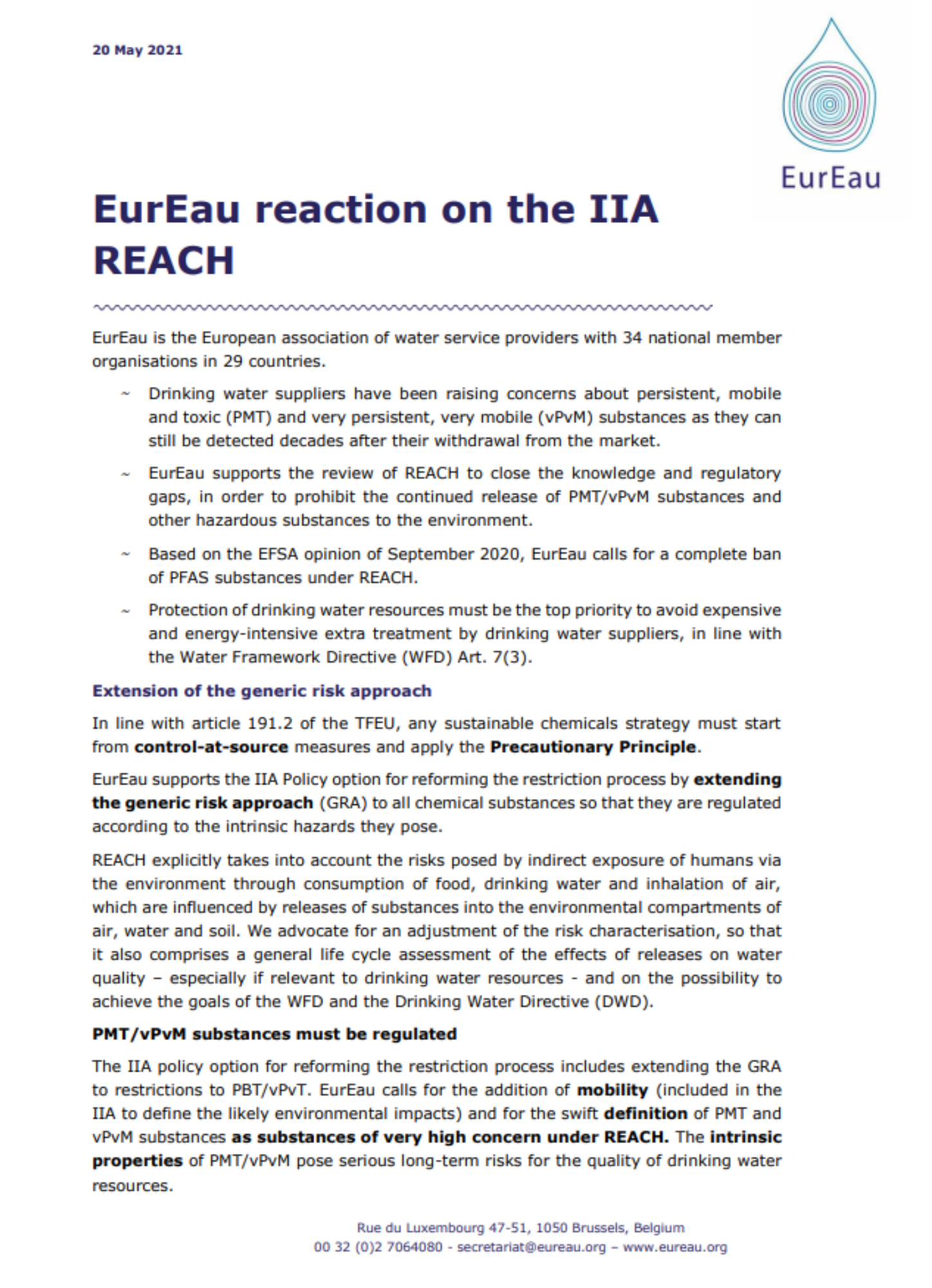 EurEau feedback on the roadmap for the revision of the REACH Regulation