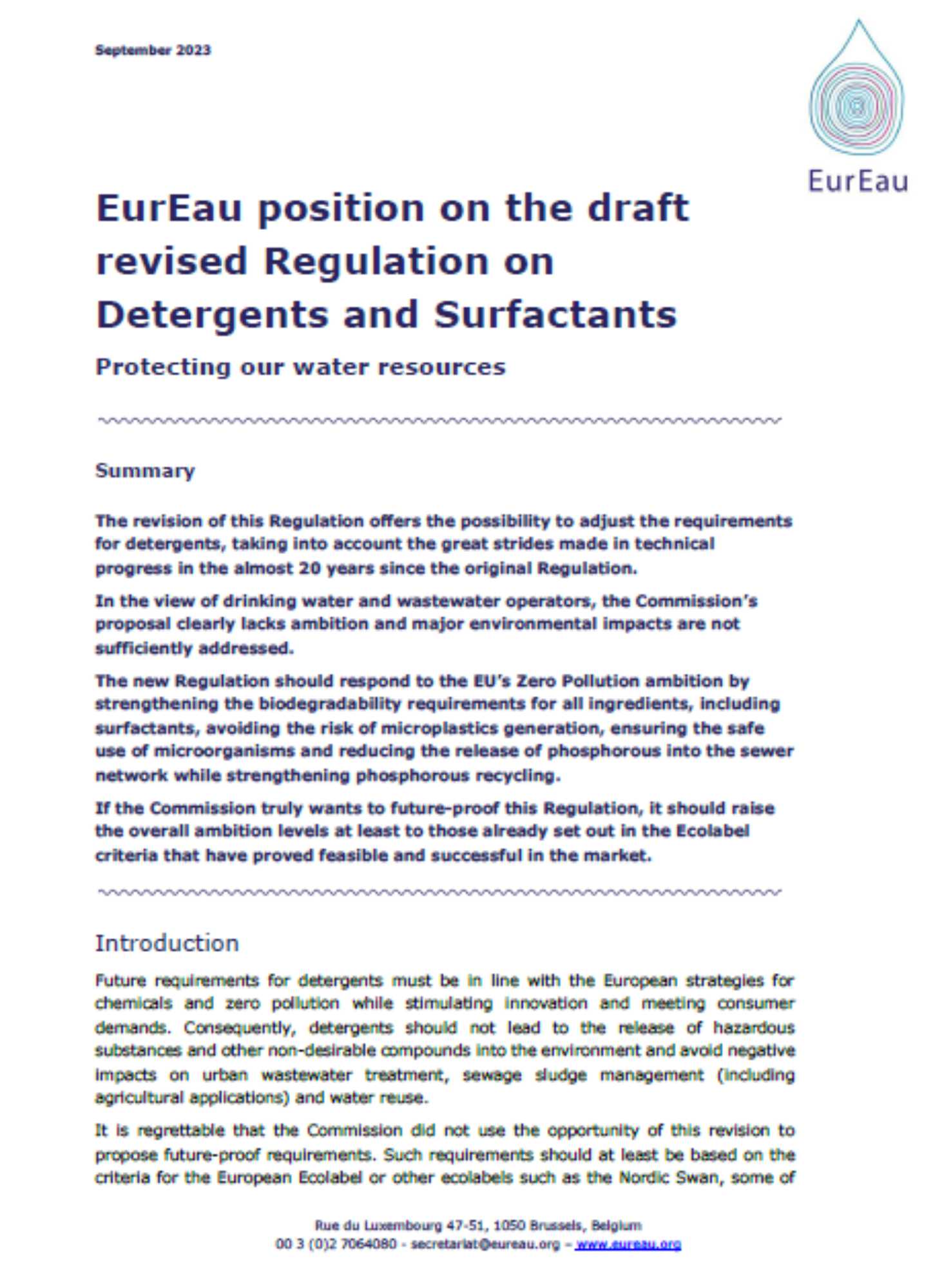 EurEau position on the Detergents Regulation