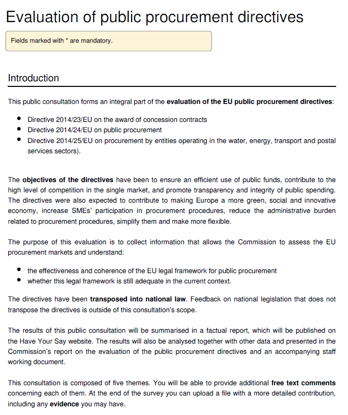 EurEau Feedback to the Public Consultation on the evaluation of the Public Procurement Directives