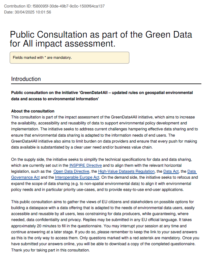 EurEau Feedback to the Public Consultation on the Green Data for All impact assessment