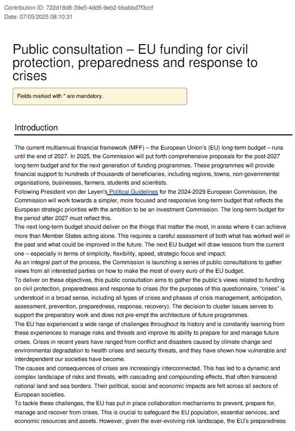 Public consultation on the next MFF EU funding for civil protection, preparedness and response to crises