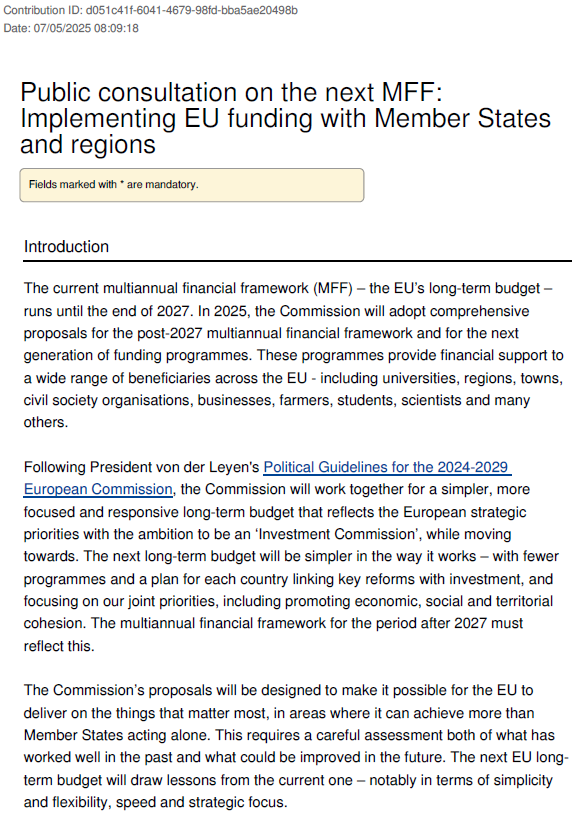 Public consultation on the next MFF Implementing EU funding with Member States and regions