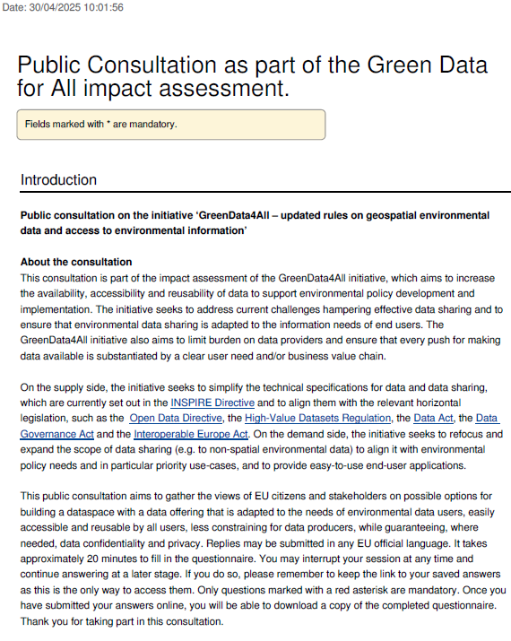 EurEau Feedback to the Public Consultation on the Green Data for All impact assessment