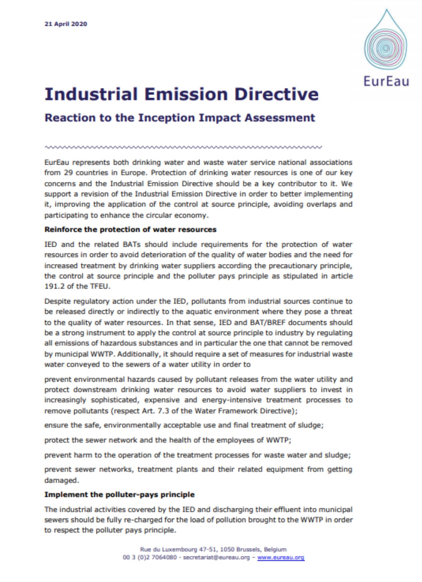 EurEau reaction to the Industrial Emissions Directive - consultation