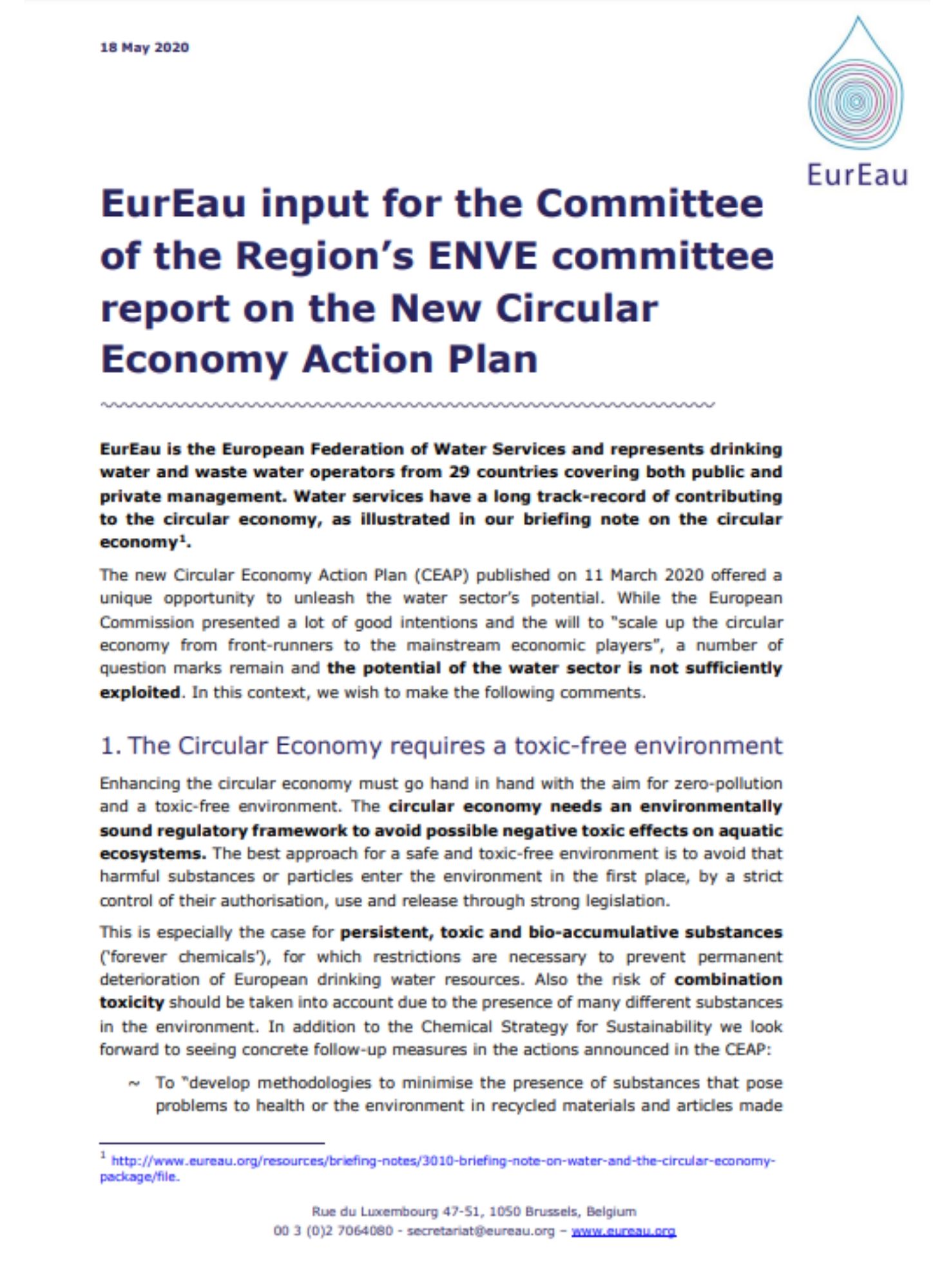 EurEau reaction to the Circular Economy Action Plan