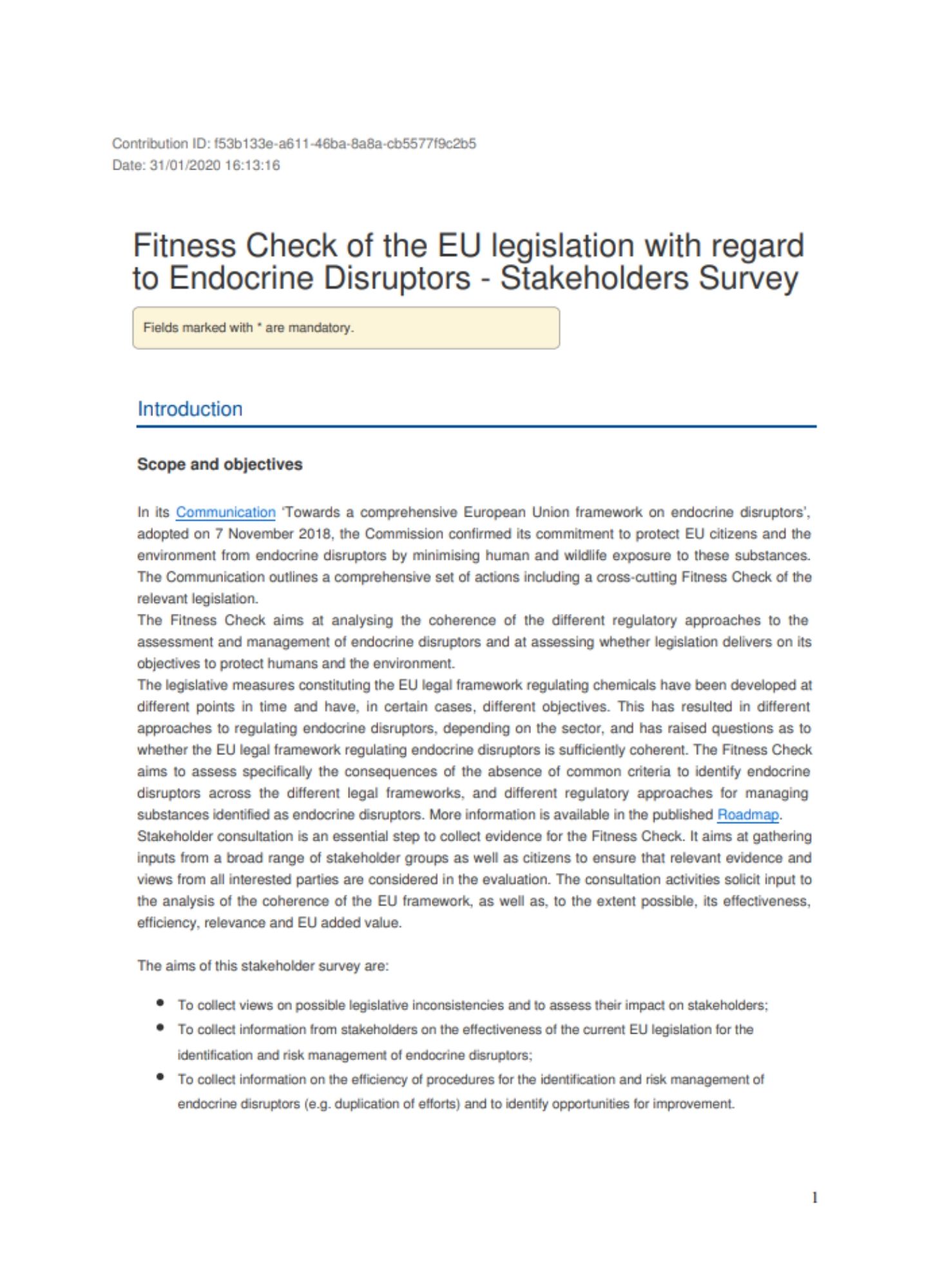 Consultation - Fitness Check on the Regulation on Endocrine Disruptors