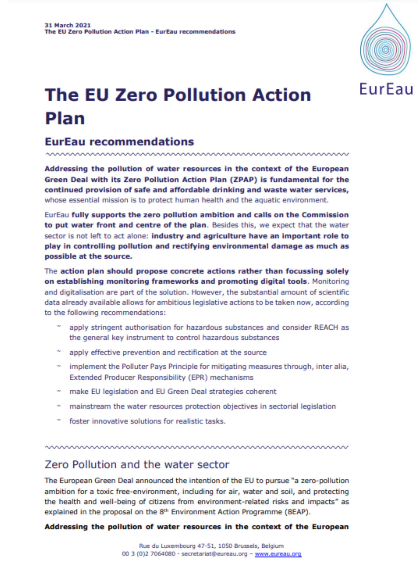 Zero Pollution Action Plan - EurEau recommendations