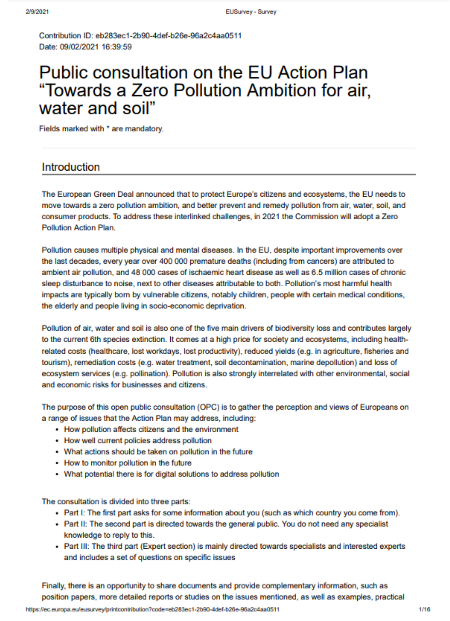 EurEau answer to the public consultation on the Zero Pollution Action Plan