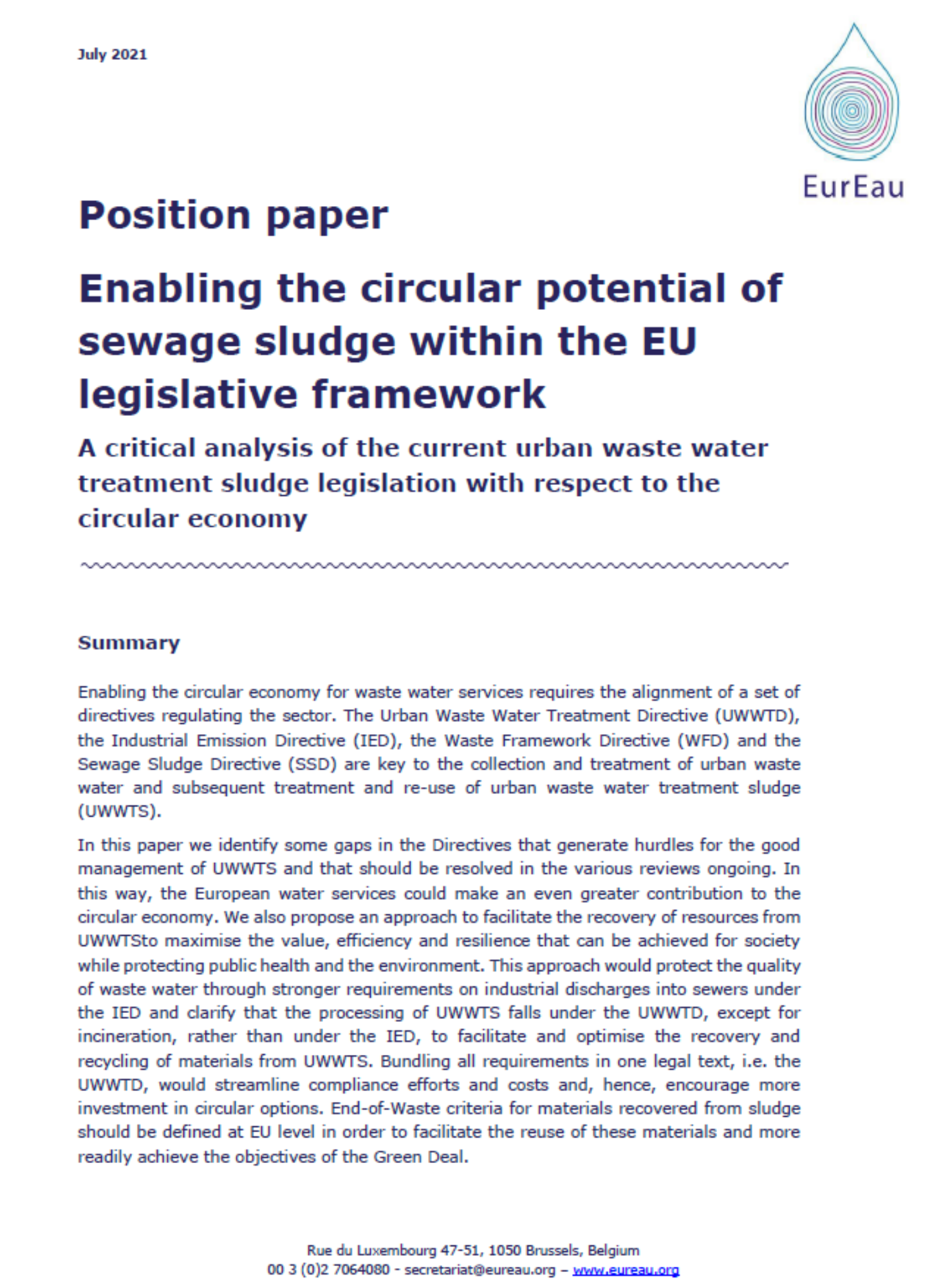 Position paper enabling the circular potential of sewage sludge