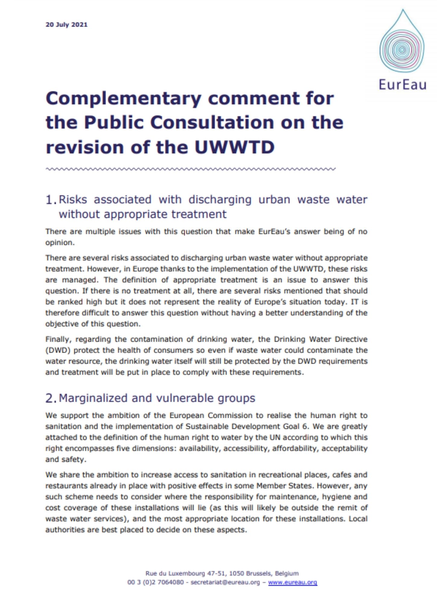 Complementary comment for the Public Consultation on the revision of the UWWTD