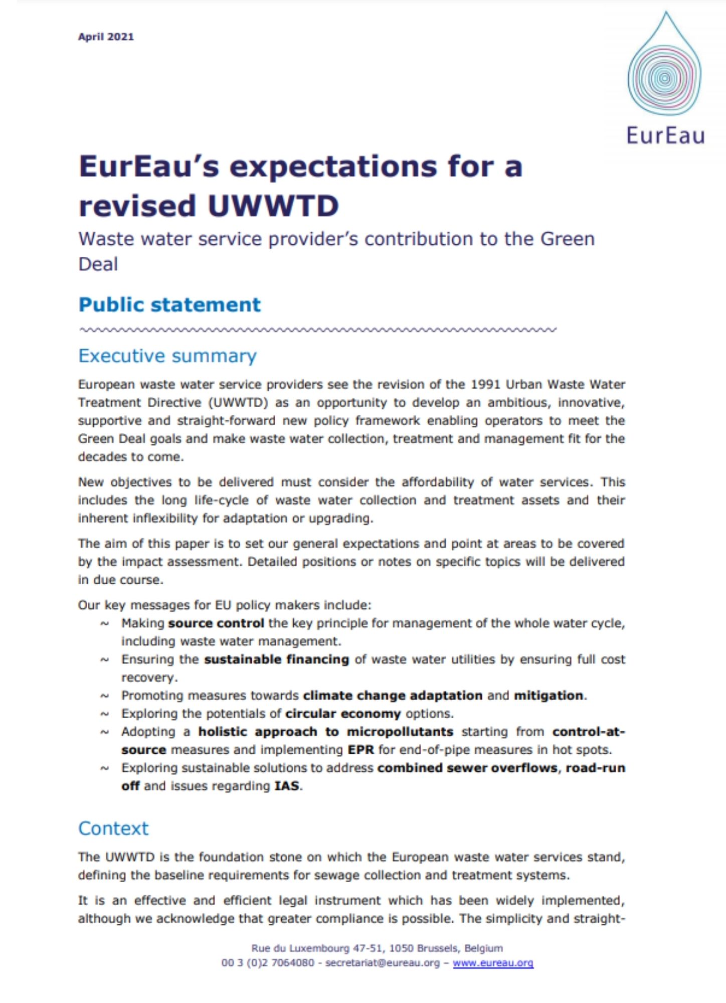 EurEau comment on the public consultation on the revision of the UWWTD