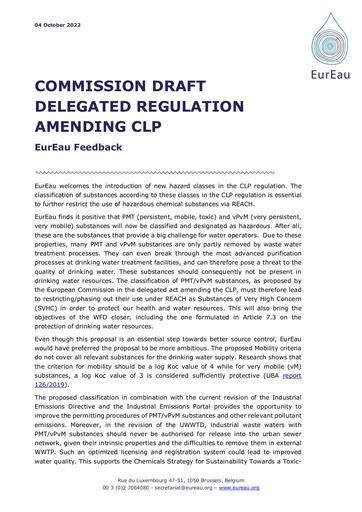 EurEau Feedback on the Commission draft delegated regulation amending the Classification, Labelling and Packaging of Chemicals