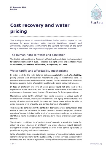 Cost recovery and water pricing September2016