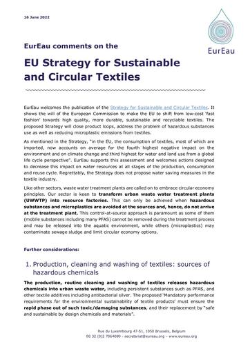 EurEau reaction on the EU Textile strategy