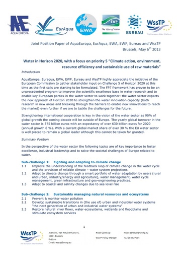 Joint Position Paper on Horizon2020 - Water Sector