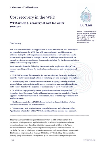 Cost Recovery in the WFD - WFD article 9