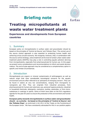 Briefing Note on Treating Micropollutants at the WWTP