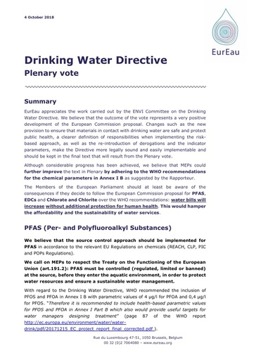 Drinking Water Directive Plenary vote - EurEau explanatory memorandum