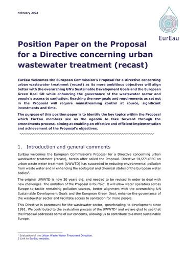 EurEau Position Paper on the Proposal for a Directive concerning UWWTD