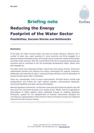 Briefing note on Reducing the Energy Footprint of Water Sector