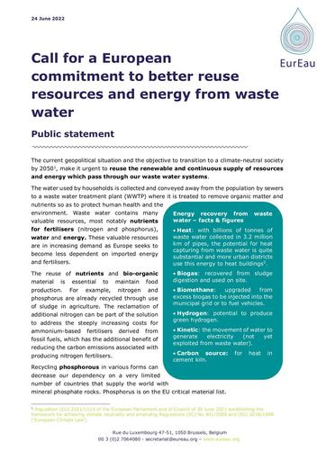 Public statement - Call for a European commitment to better utilise resources and energy from waste water