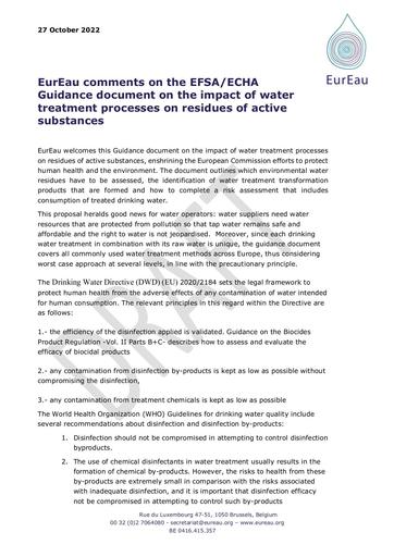 EurEau comments on EFSA/ECHA Guidance on the impacts of water treatment processes on residues of active substances