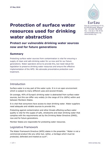 Protection of Surface Water Resources used for Drinking Water abstraction