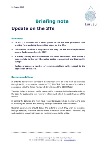 Briefing note - EurEau update on the 3Ts