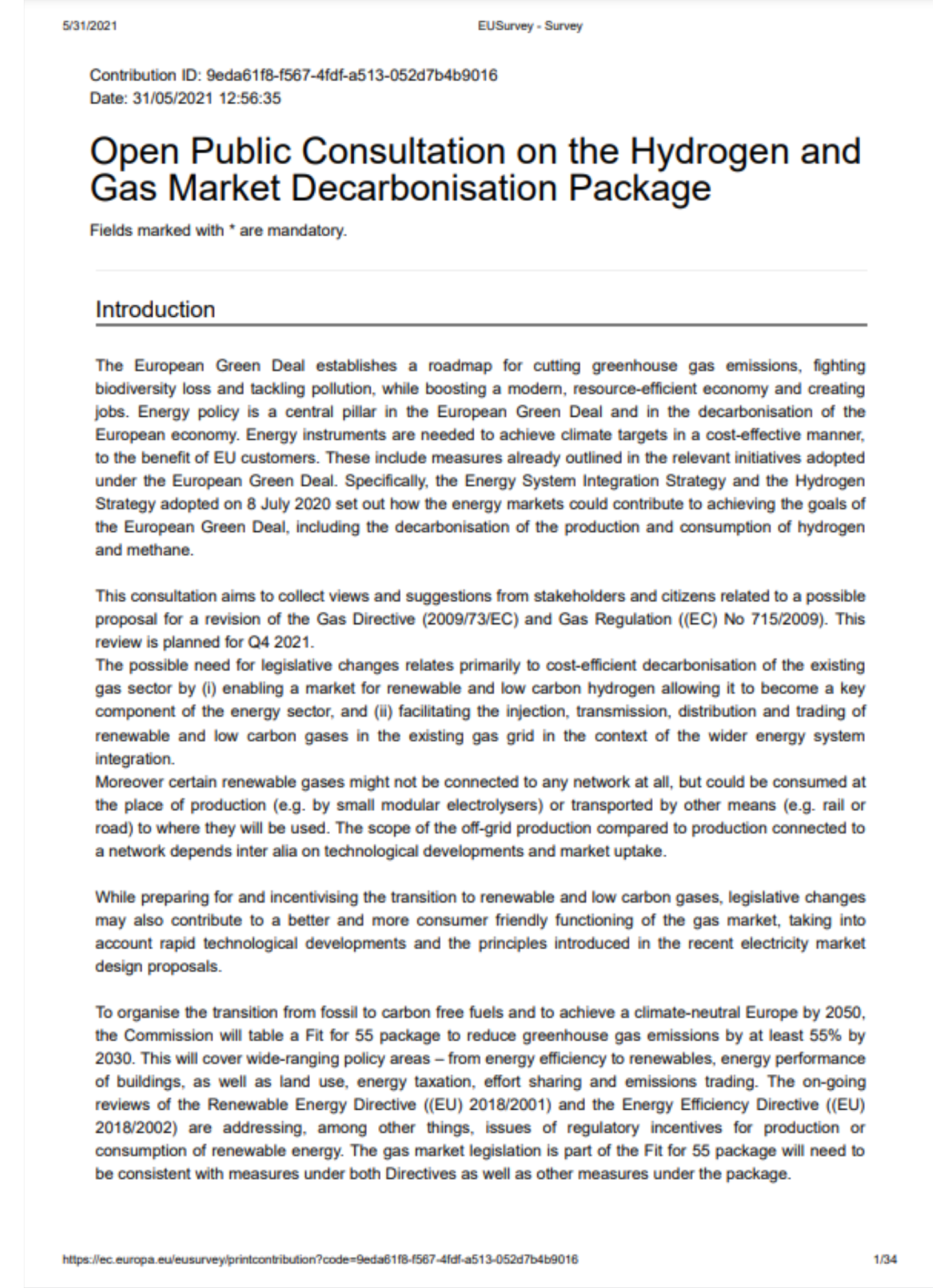 EurEau reaction to the public consultation on the Hydrogen and Gas Market Decarbonisation Package