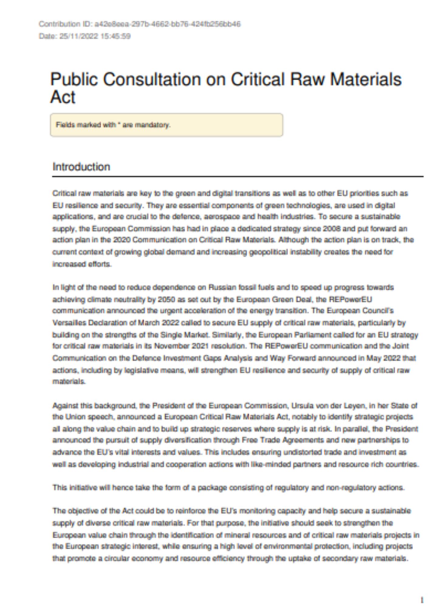 Public consultation to the Critical raw materials act
