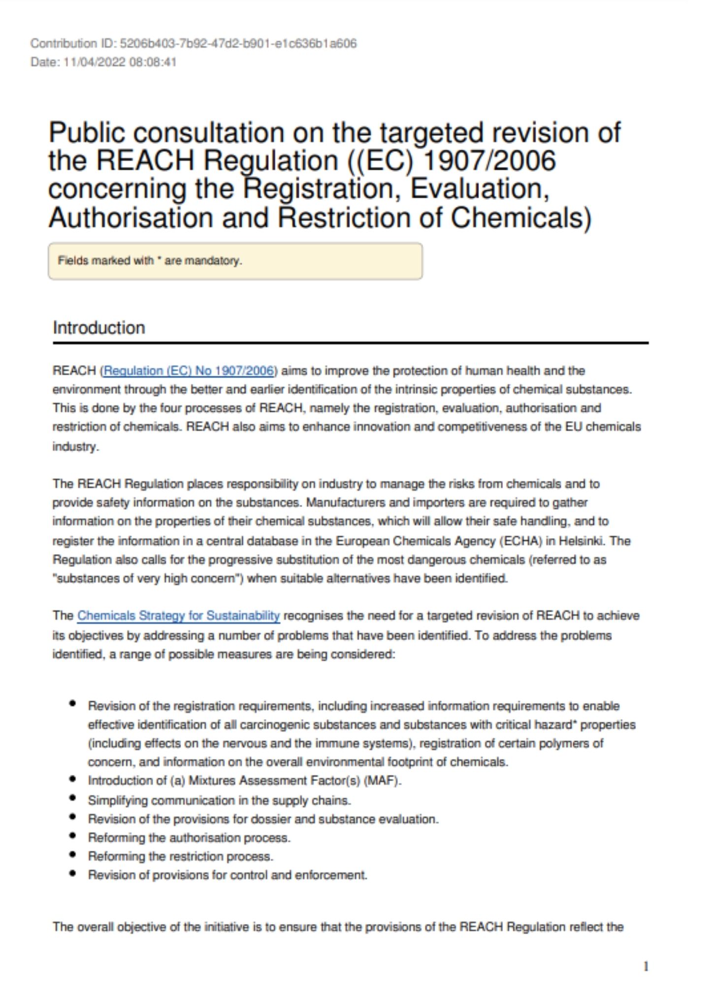 EurEau input to the REACH public consultation