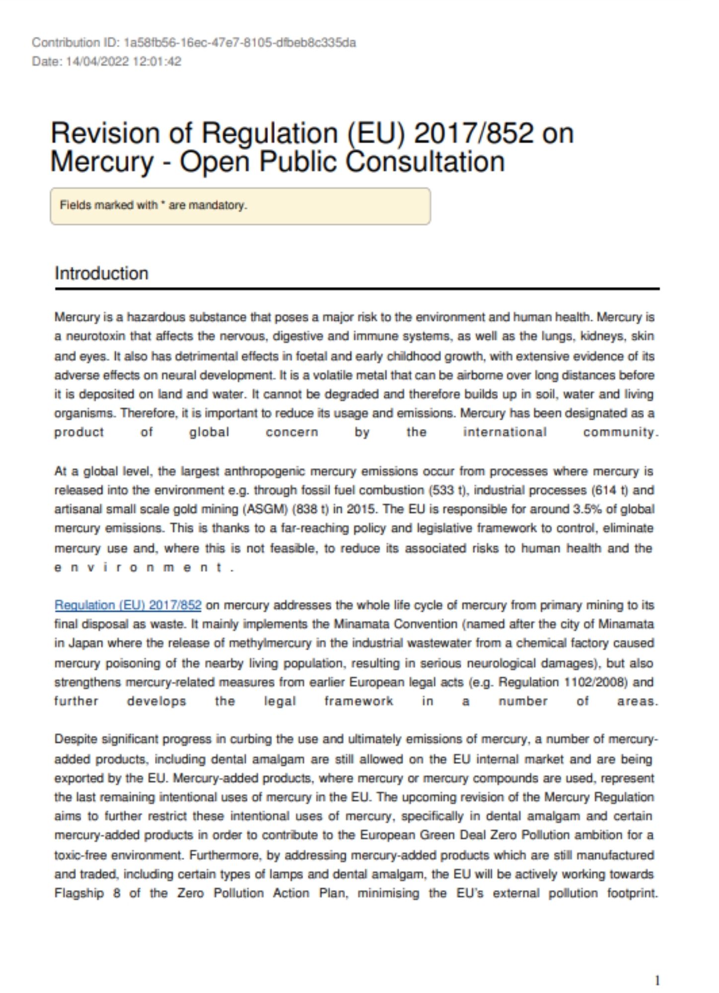 EurEau answer Mercury Regulation Public consultation