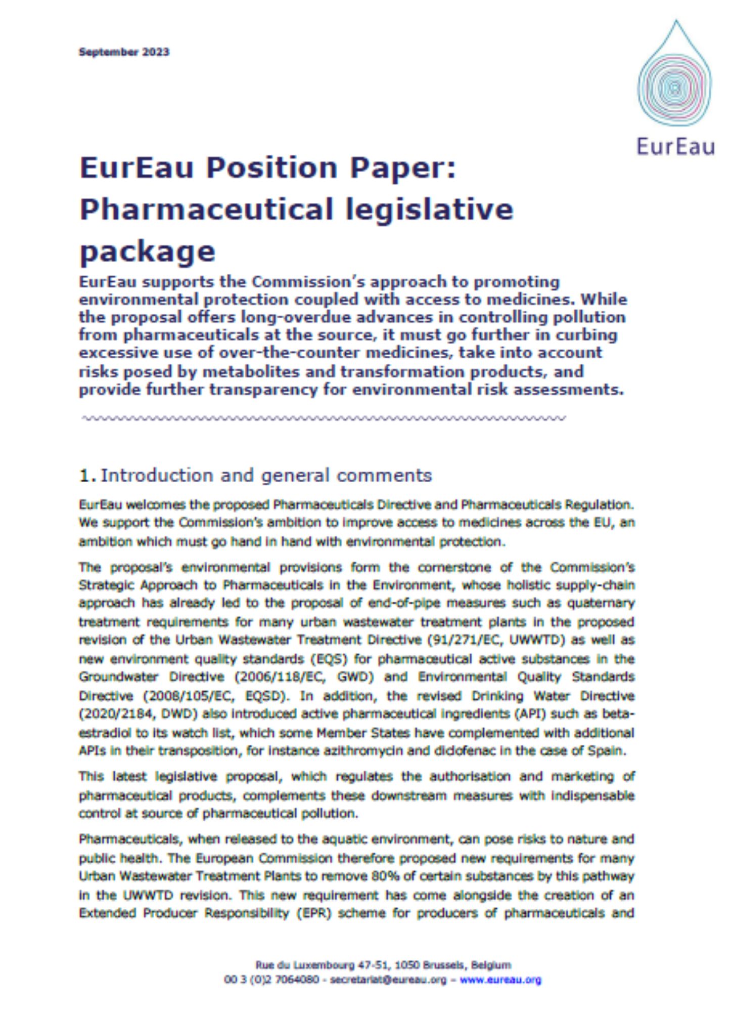 EurEau Position Paper on the Pharmaceuticals Legislative Package