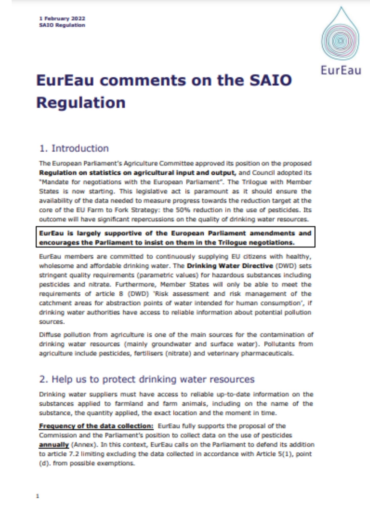 EurEau comments on the SAIO Trilogue