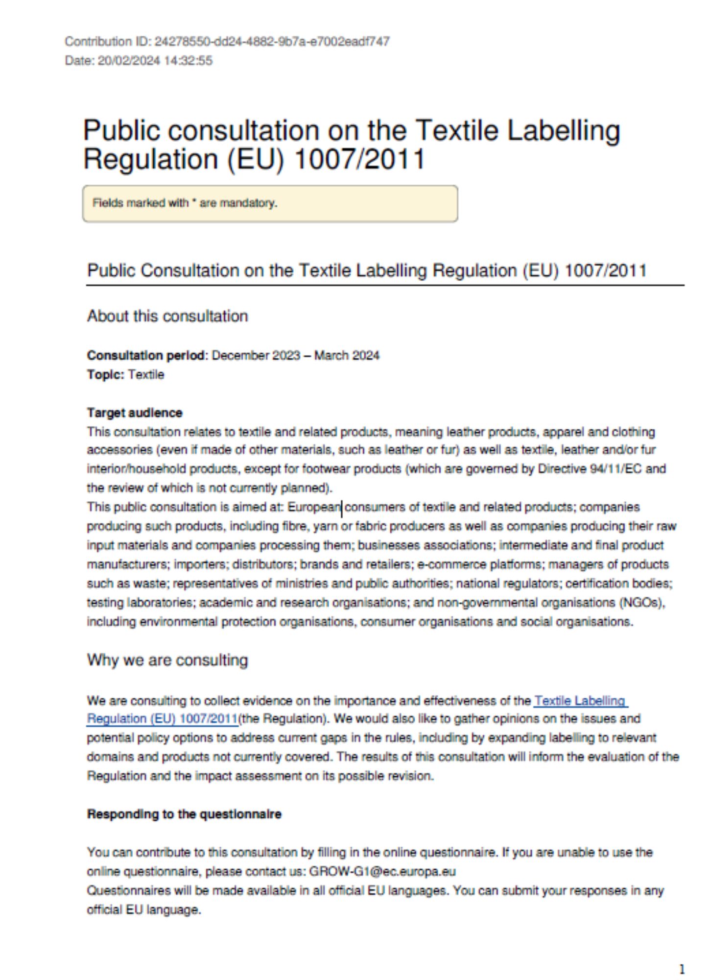 Public consultation on the Textile Labelling Regulation