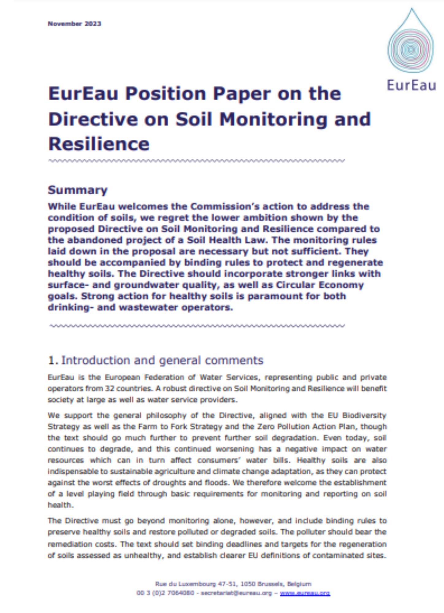 EurEau Position Paper on Soil Monitoring