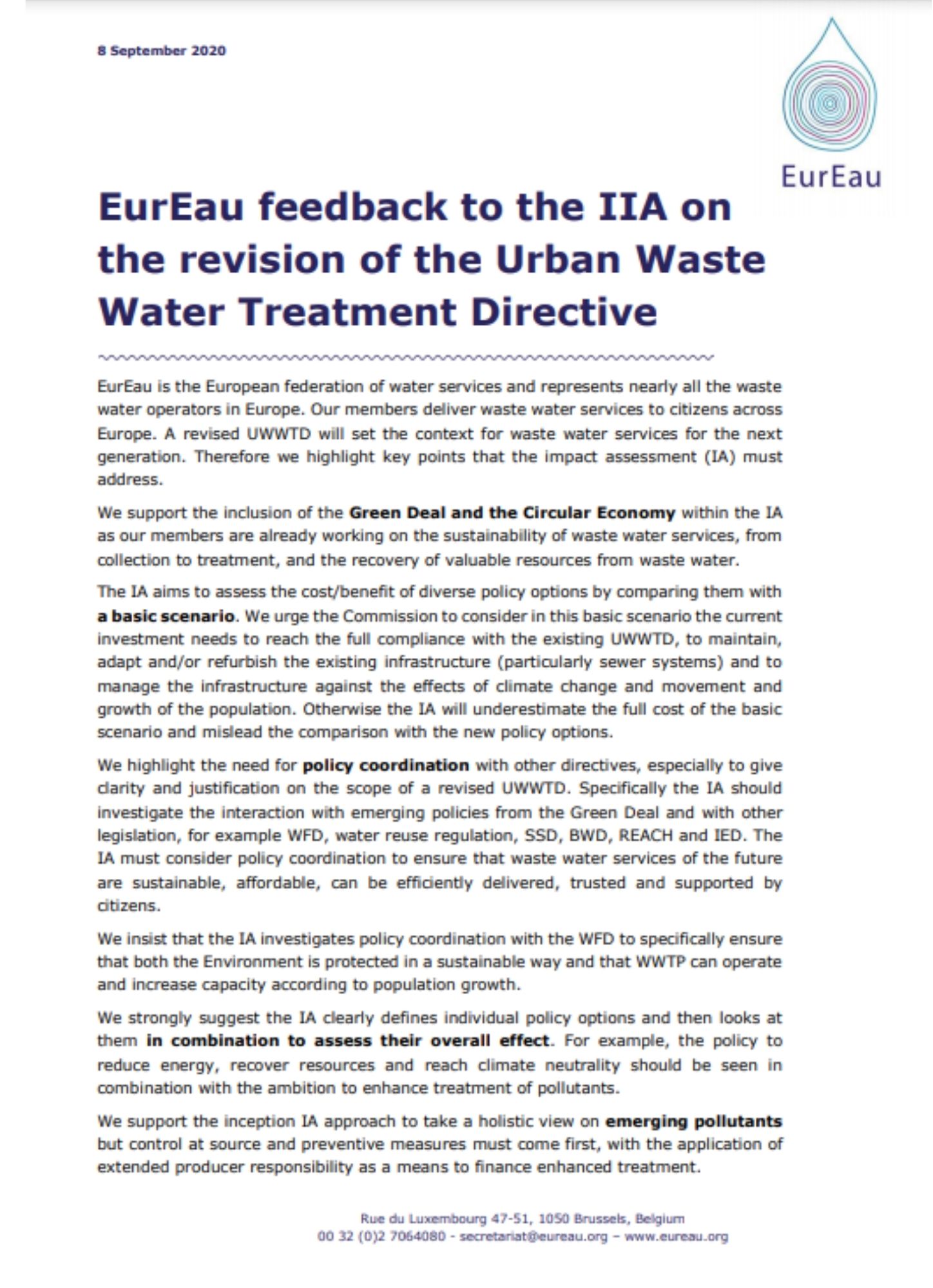 EurEau feedback on the Inception Impact Assessment of the UWWTD