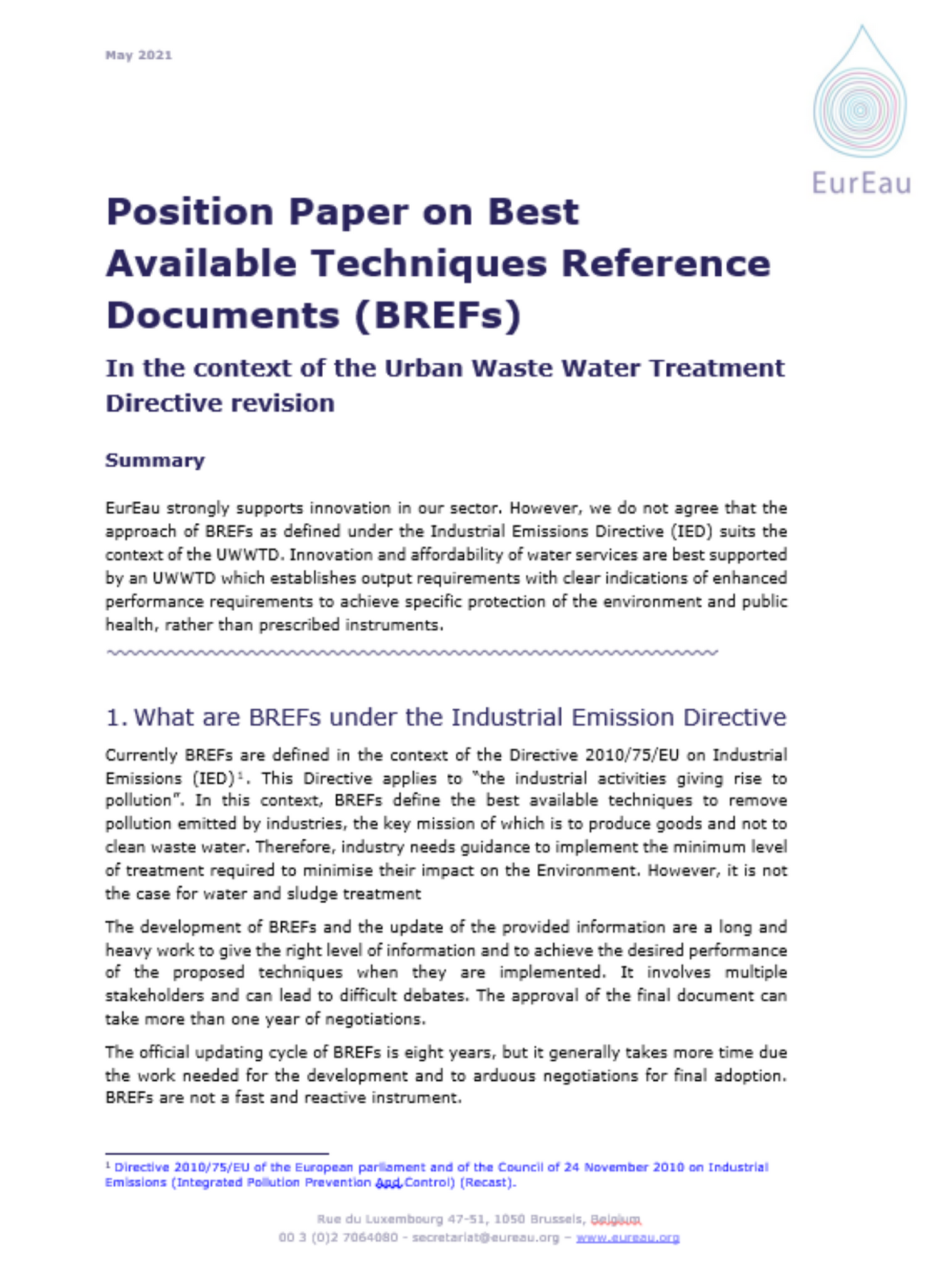 Position Paper on Best Available Techniques Reference Documents (BREFs)