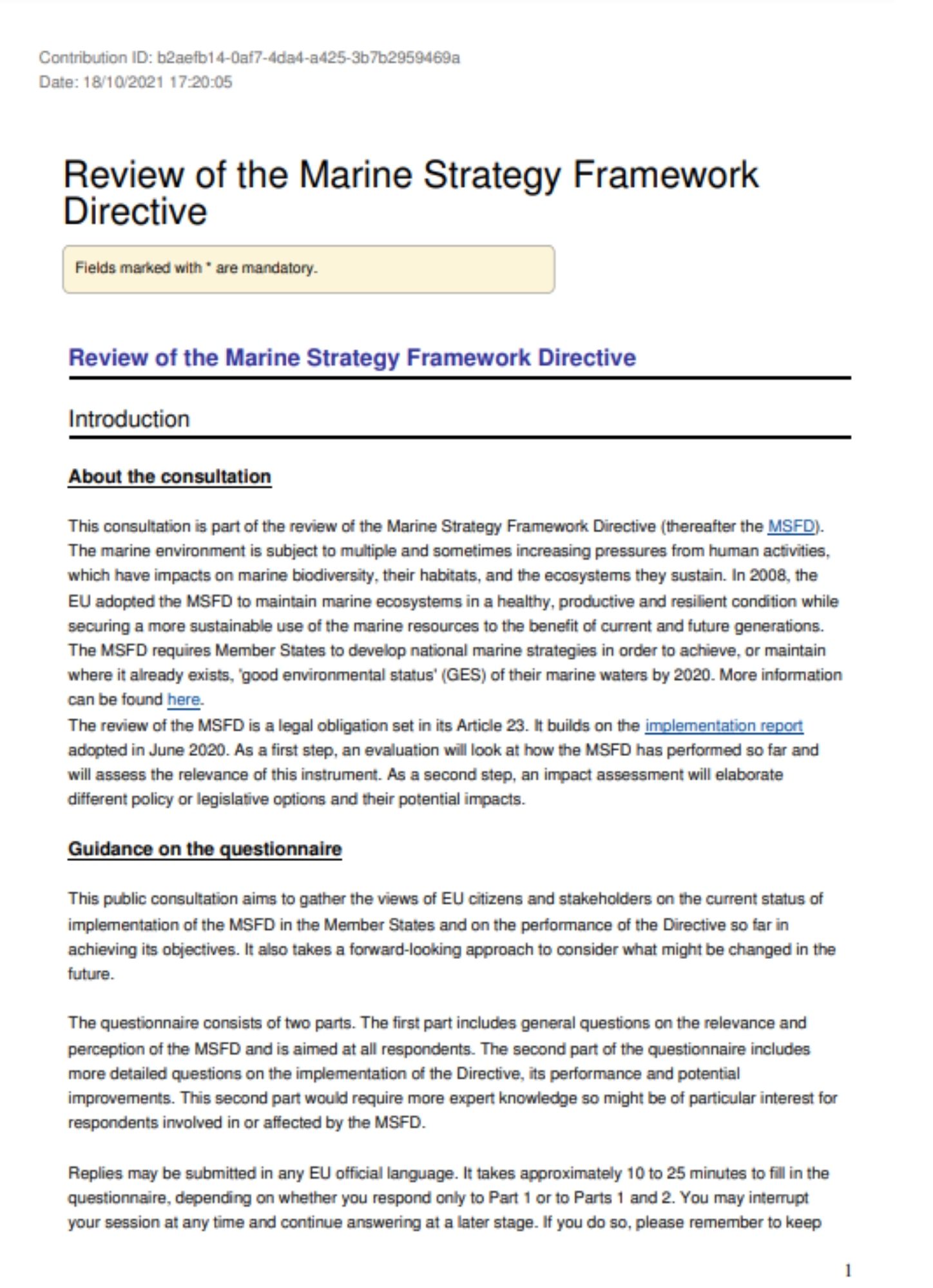 Contribution to the Public Consultation on the Marine Strategy