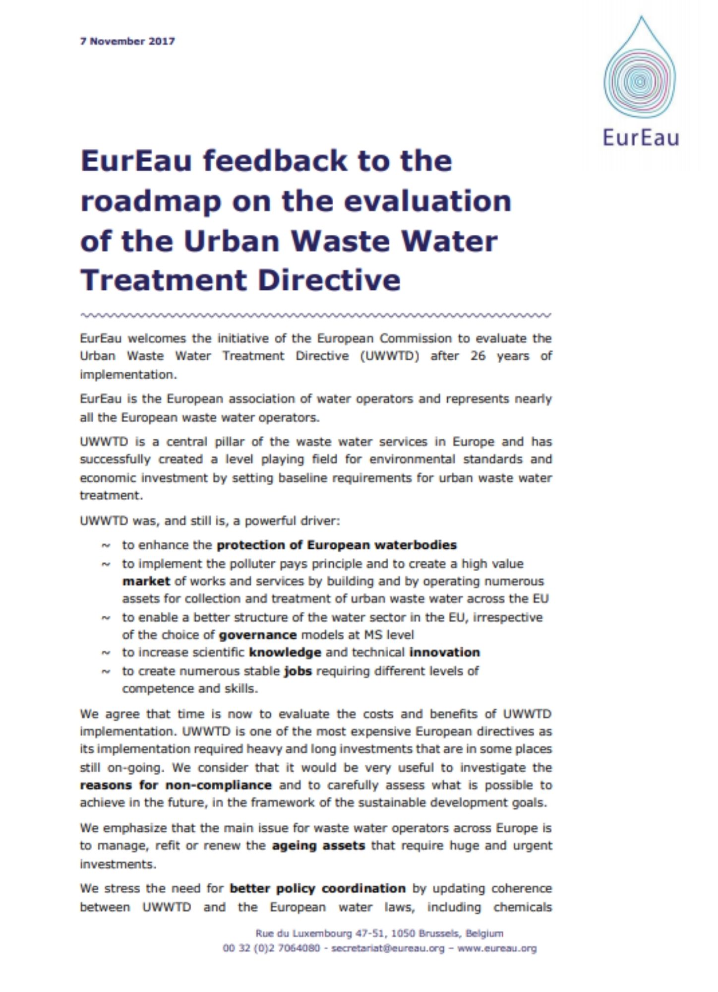 EurEau feedback on the evaluation of the UWWTD