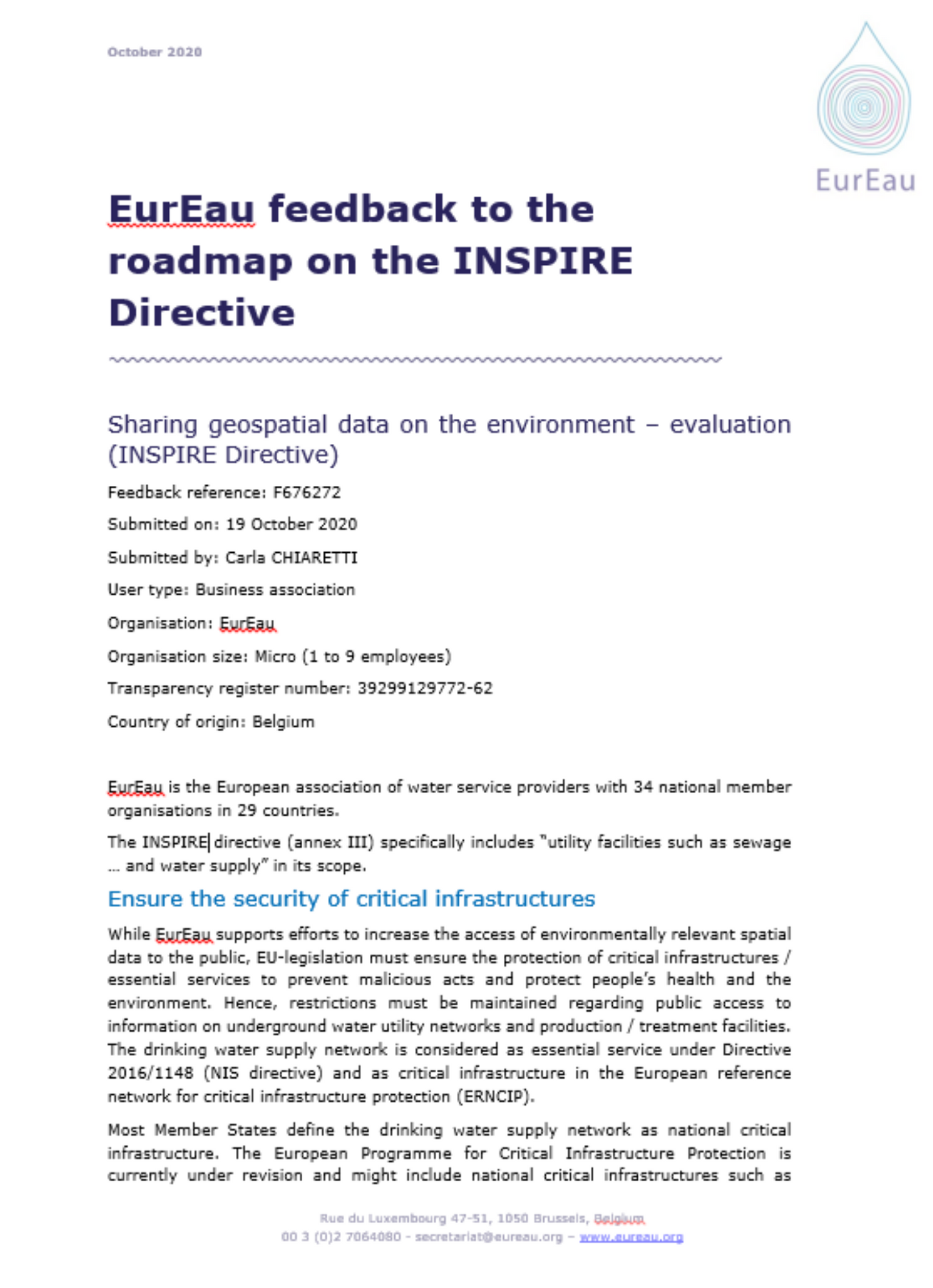 EurEau feedback to the roadmap on the INSPIRE Directive