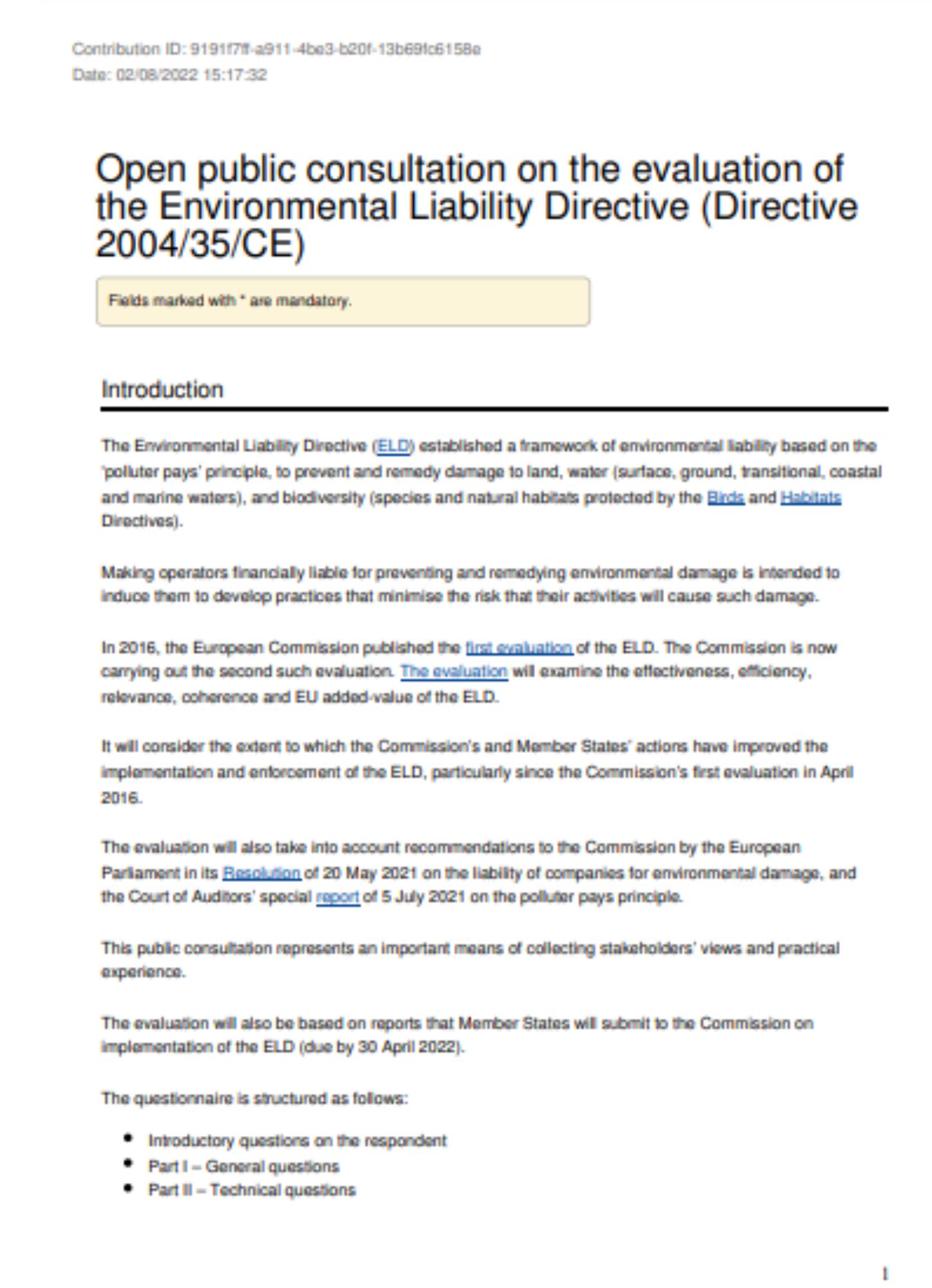 EurEau response to the ELD public consultation