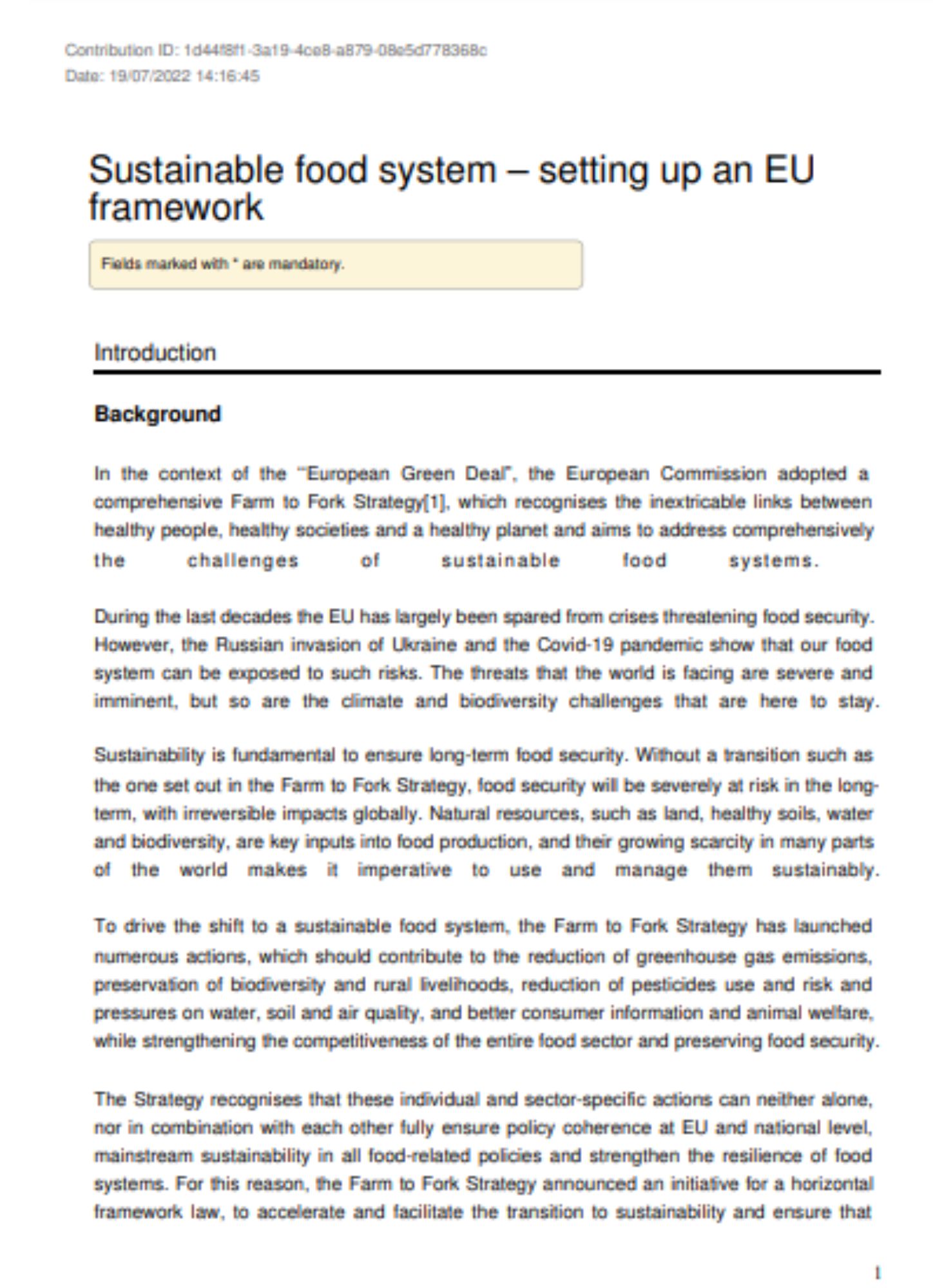 EurEau reaction to the public consultation on Sustainable food system – setting up an EU framework