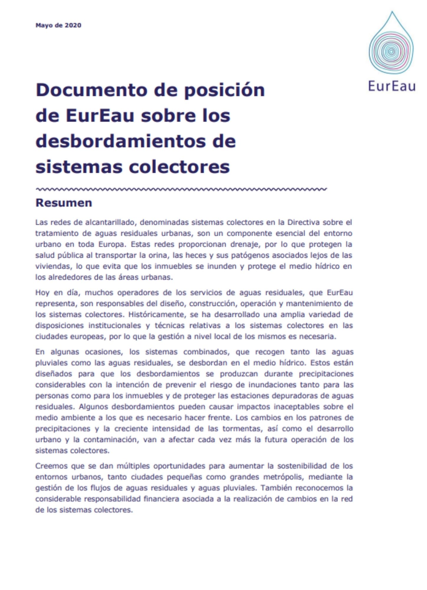 Documento de posición - EurEau Desbordamientos de sistemas colectores