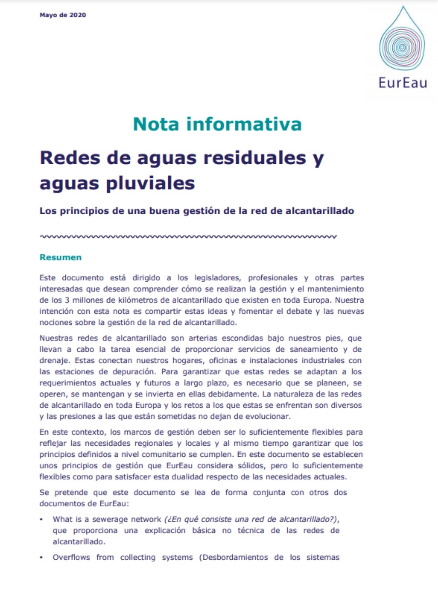 Nota informativa EurEau Gestión de las redes de aguas residuales y de aguas pluviales