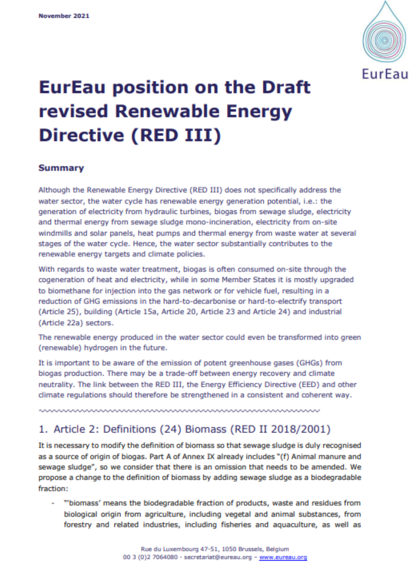 Position paper on the Renewable Energy Directive