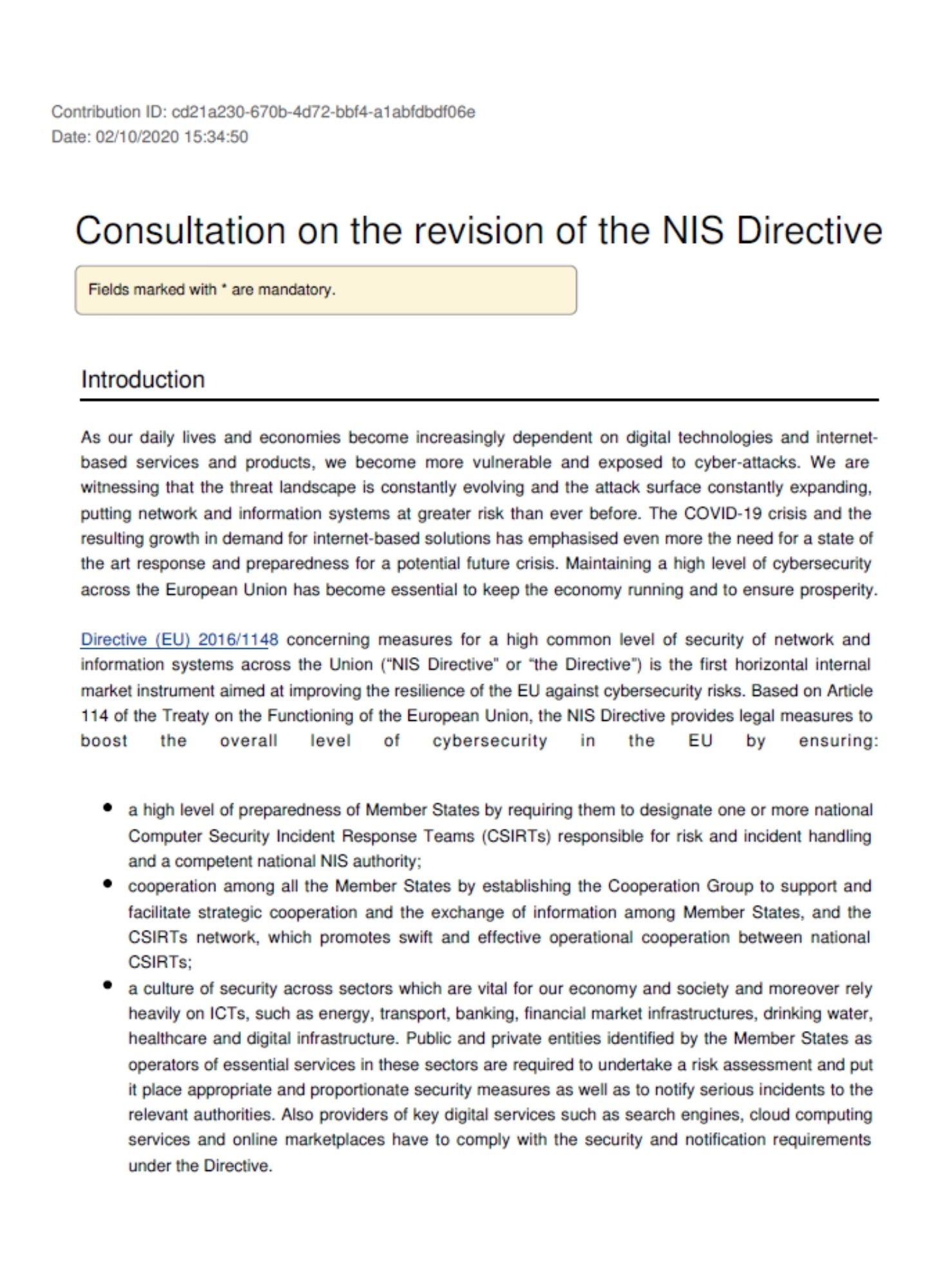 EurEau reaction to the public consultation on the NIS Directive