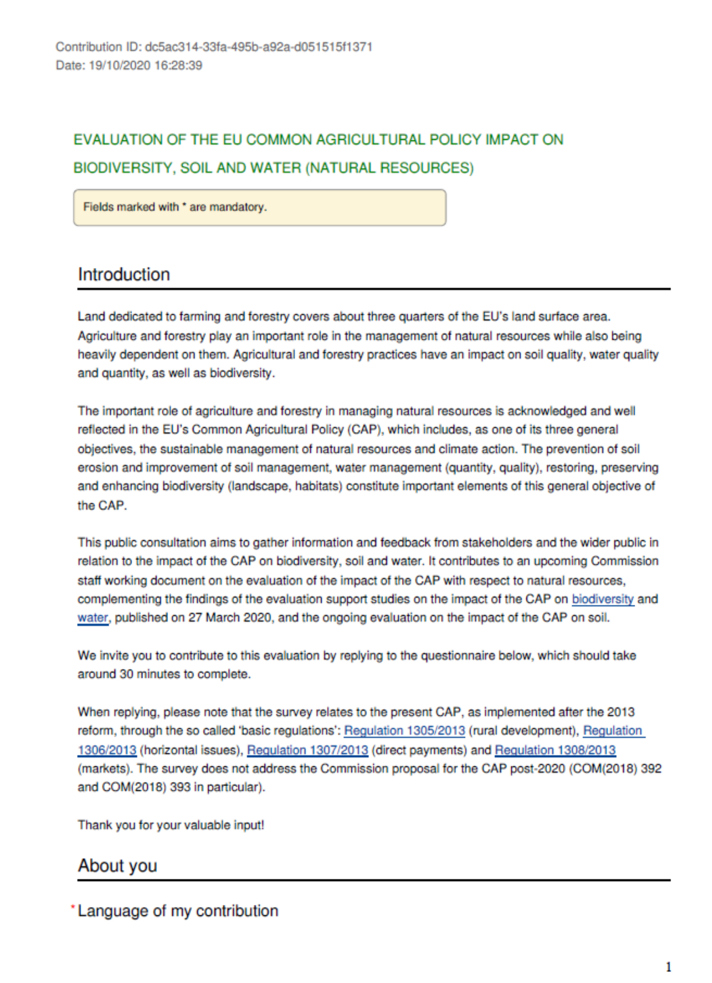 Contribution to the Public Consultation on the impact of CAP on water, biodiversity and soil